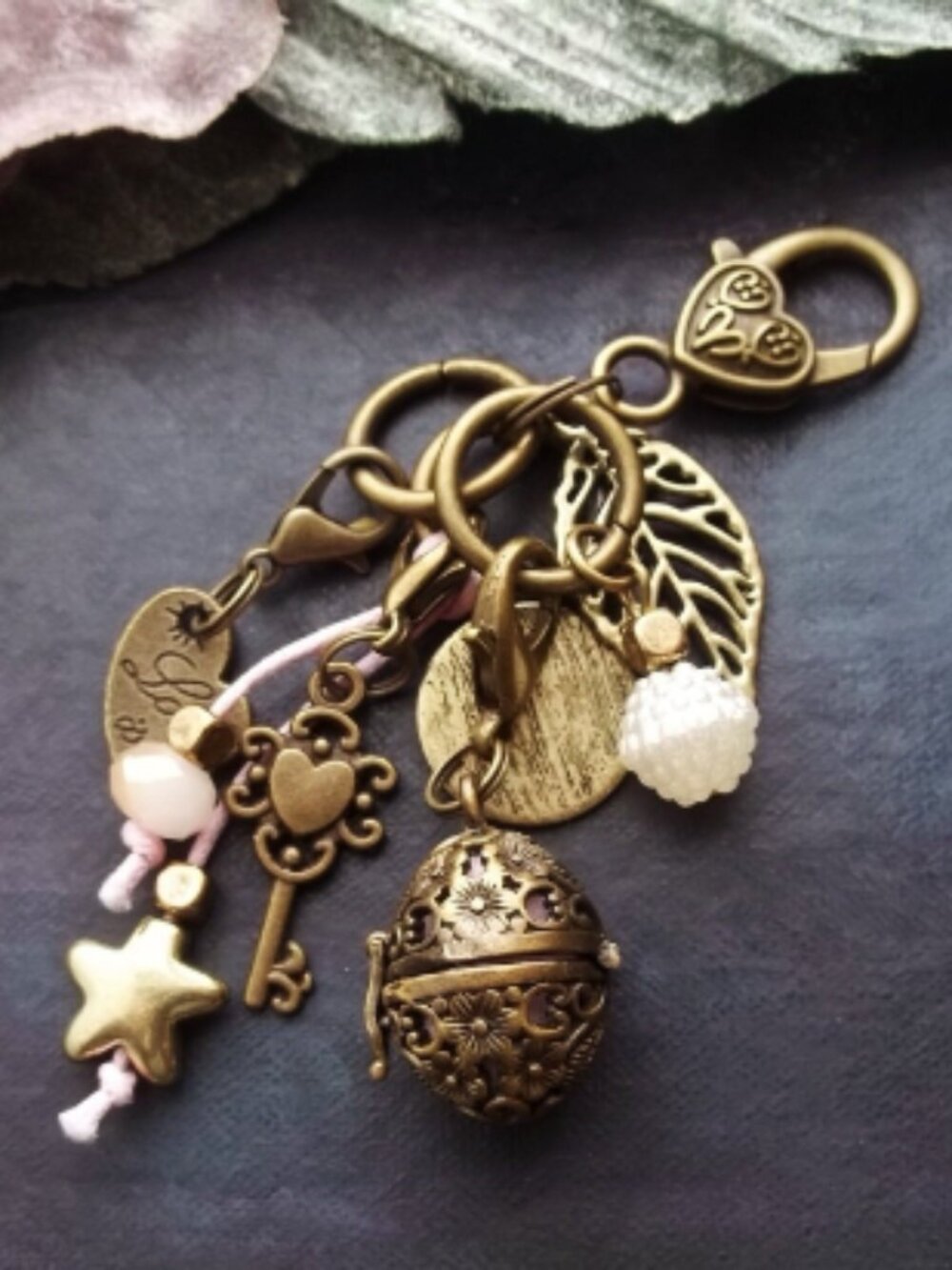 Locket keychain Essential Oil Diffuser Heart Charm Bag Boho OOAK Handmade